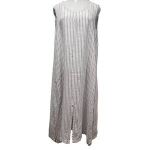 Flax Stripe Sleeveless Linen Midi Dress, Pockets, White Blue, M